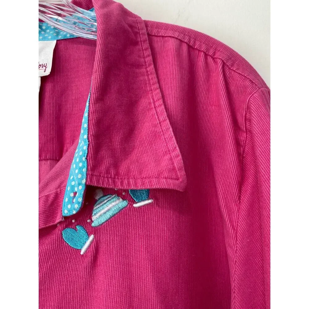 Quacker Factory Pink Corduroy Winter Shirt‎ Size XL Embellished Mittens Holiday